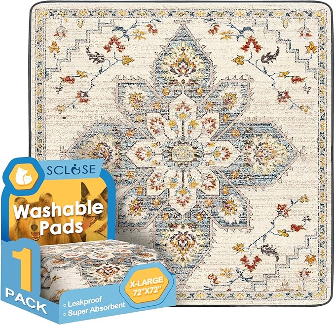 SCLOSE Washable Pee Pad for Dogs Extra Large, 72" x 72" Reusable Puppy Pads Waterproof Dog Rugs, Super Absorbent, Leakproof, Dog Crate Pad, Playpen Mat, Whelping Pads, White Medallion
