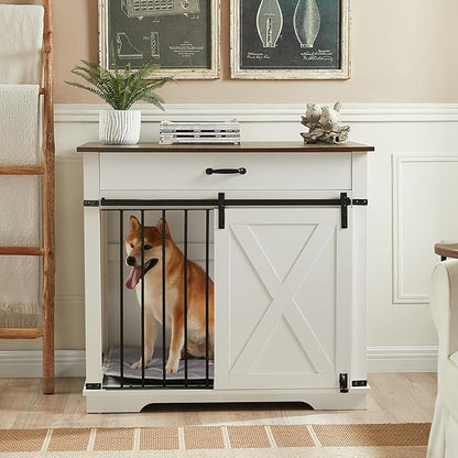 37.8" Furniture Style Dog Crates with Drawer, Farmhouse Wooden Dog Kennel Furniture with Sliding Barn Door & Water Resistant for Small/Medium/Large Dog, White