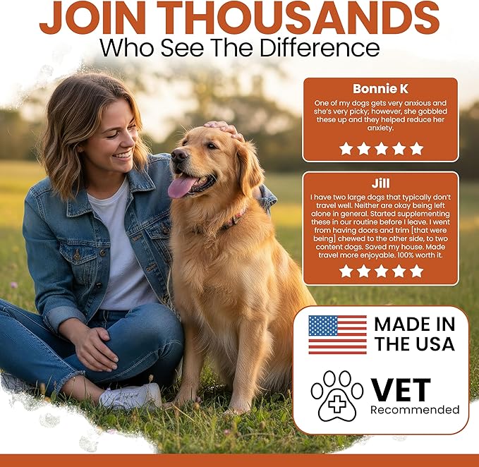 Calming Chews for Dogs - 60 Anxiety Relief Treats for Fireworks, Thunder, and Storms - Natural Dog Calming Treats for Large and Small Breeds with Thiamine, L-Tryptophan, Ginger, and Melatonin