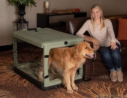 Pet Gear “The Other Door” 4 Door Steel Crate for Dogs/Cats with Garage-Style Door, Includes Plush Bed + Travel Bag, No Tools Required, Willow, 42 Inch