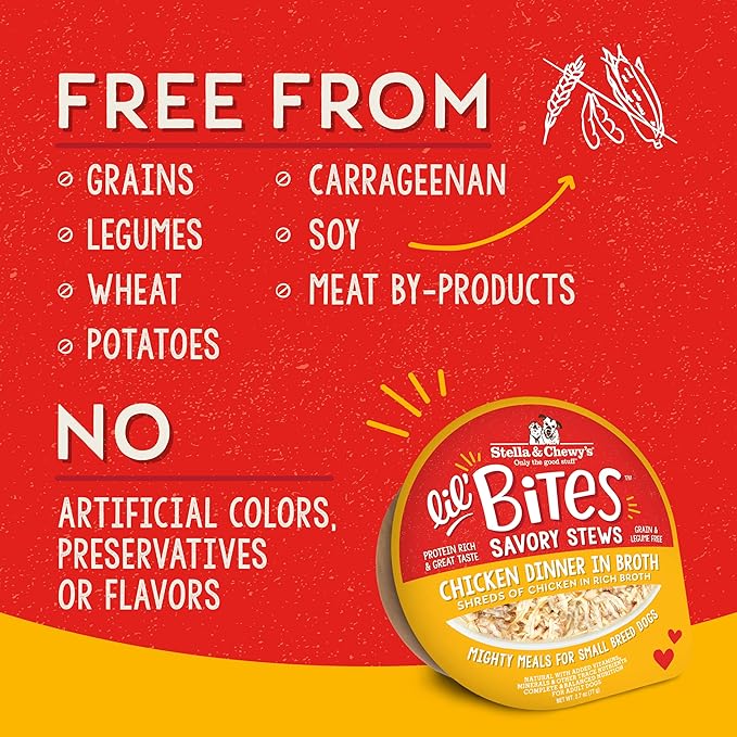 Stella & Chewy's Lil Bites Savory Stews for Small Breeds Chicken Dinner in Broth,2.7 oz. Cups,(Pack of 24)