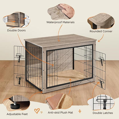 Yaheetech 38'' Dog Crate Furniture with Cushion Wooden Dog Crate with Double Doors/Adjustable Feet Side End Table for Medium/Large Dogs, 37.80" L x 25.59" W x 26.57" H