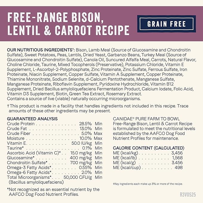 Canidae Pure Farm to Bowl Free-Range Bison, Lentil & Carrot, Adult, Grain-Free Dry Dog Food, 4lb