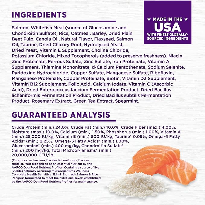 Wellness Complete Health Sensitive Skin and Stomach Dry Dog Food, Wholesome Grain Kibble, Natural, Chicken Free, Salmon and Rice Recipe, 5 lb Bag