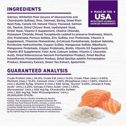 Wellness Complete Health Sensitive Skin and Stomach Dry Dog Food, Wholesome Grain Kibble, Natural, Chicken Free, Salmon and Rice Recipe, 5 lb Bag