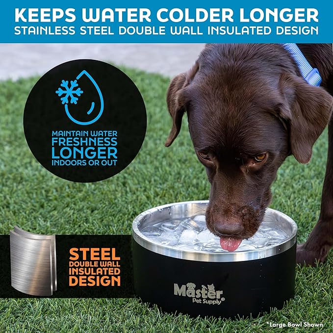 Master Pet Supply Stainless Steel Dog Bowls - 32 oz, Heavy Duty - Navy Blue, Double Wall Extra-Thick Insulated, Non-Slip Pet Water Bowl for Dogs, Cats & Pets, Anti Rust Metal, Dish Washer Safe