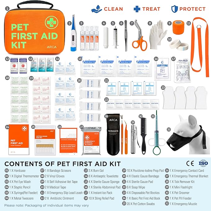 ARCA PET Cat & Dog First Aid Kit - High Visibility Reflective Zipper with Fluorescent Letter Print - 100 pcs with Dog Thermometer, Tick Remover Kit & Pet First Aid Kit Manual Book