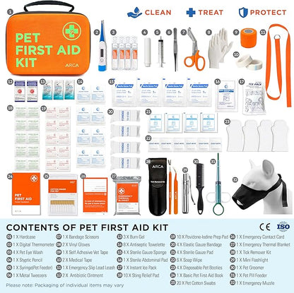 ARCA PET Cat & Dog First Aid Kit - High Visibility Reflective Zipper with Fluorescent Letter Print - 100 pcs with Dog Thermometer, Tick Remover Kit & Pet First Aid Kit Manual Book