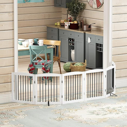 PUPETPO Freestanding Pet Gate for Dogs, Foldable Wooden Dog Gate for House, Extra Wide Indoor Pet Barrier for Stair, Doorway, Hall, Support Feet Included, 120 Inch Wide, 6 Panels 24", White