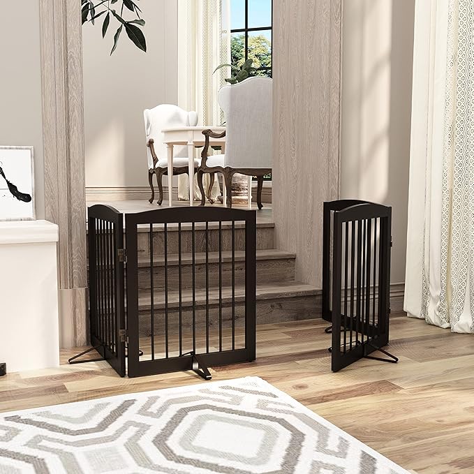 PUPETPO Freestanding Pet Gate for Dogs, Foldable Wooden Dog Gate for House, Indoor Pet Barrier for Stairs, Doorways, Support Feet Included, 24" Height 2 Panels, Brown