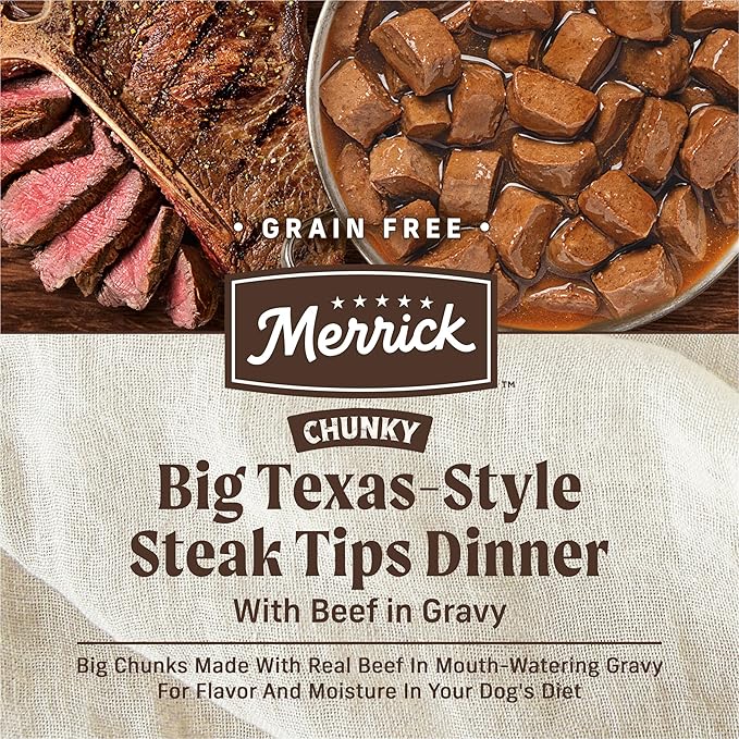 Merrick Chunky Grain Free Premium And Wholesome Canned Dog Food, Real Meat Big Texas Steak Tips Dinner - (Pack of 12) 12 ct. Cans