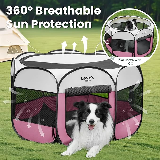 Love's cabin Pet Puppy Dog Playpen, Small Dog Tent Crates Cage Indoor/Outdoor, Portable Playpen for Cat, Foldable Pop Up Dog Kennel Playpen with Carring Case, Removable Zipper Top, Light Pink