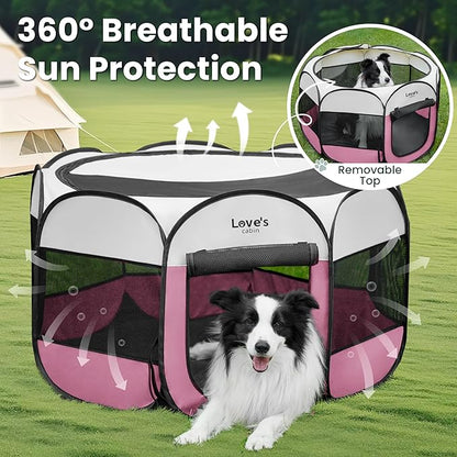 Love's cabin Pet Puppy Dog Playpen, Medium Dog Tent Crates Cage Indoor/Outdoor, Portable Playpen for Cat, Foldable Pop Up Dog Kennel Playpen with Carring Case, Removable Zipper Top, Light Pink