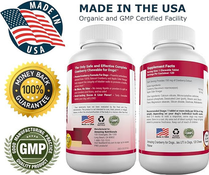 Amazing Cranberry Supplement for Dogs - Urinary Tract & Bladder Support - 120 Cranberry Chews with Apple Cider Vinegar for Immune Health - Dog Urinary Supplement - Made in USA - Bacon Flavor