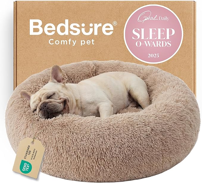 Bedsure Calming Dog Bed Medium Size Dog - Donut Washable Medium Pet Bed, 30 inches Anti-Slip Round Fluffy Plush Faux Fur Cat Bed, Fits up to 45 lbs Pets, Camel