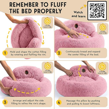 PetJett Calming Medium Dog Bed - 30'' Round Dog Beds, Anti-Slip & Washable Super Soft Fluffy Plush Donut Bed, Anti-Anxiety Premium Comfort Pet Bed, Fits Dogs up to 45 lbs - Pink