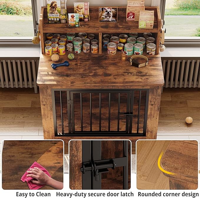 IRONCK Dog Crate Furniture, 33.4 inches Wooden Small Dog Crate with Storage and 4 Hooks, Heavy Duty Pet Crate for Small Dog, Decorative Pet Cage for Indoor (19.3" L x 33.4" W x 37.4" H)