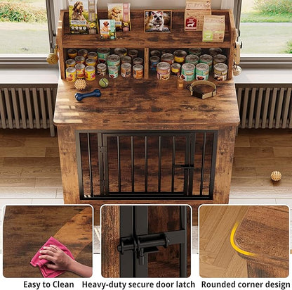 IRONCK Dog Crate Furniture, 33.4 inches Wooden Small Dog Crate with Storage and 4 Hooks, Heavy Duty Pet Crate for Small Dog, Decorative Pet Cage for Indoor (19.3" L x 33.4" W x 37.4" H)