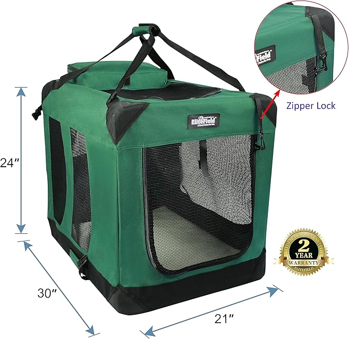 EliteField 3-Door Folding Soft Dog Crate with Carrying Bag and Fleece Bed (2 Year Warranty), Indoor & Outdoor Pet Home (30" L x 21" W x 24" H, Green)