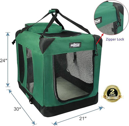 EliteField 3-Door Folding Soft Dog Crate with Carrying Bag and Fleece Bed (2 Year Warranty), Indoor & Outdoor Pet Home (30" L x 21" W x 24" H, Green)