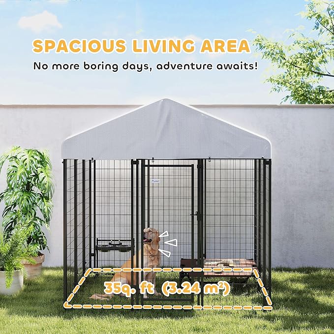 PawHut Outdoor Dog Kennel with Roof, 6' x 6' x 6' Heavy Duty Welded Wire Dog Playpen Enclosure with Escape-Proof Lock, UV-Resistant & Waterproof Cover, for Large Dogs, Chickens, Ducks, Silver