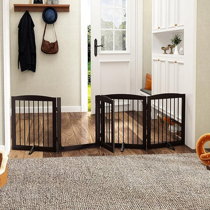 PUPETPO Freestanding Dog Gate with Door, Pet Gate for Stairs, 80 inch Wide Pet Barrier Indoor, Dog Fences Indoor, Support Feet Included, 4 Panels, 24" Tall, Dark Brown