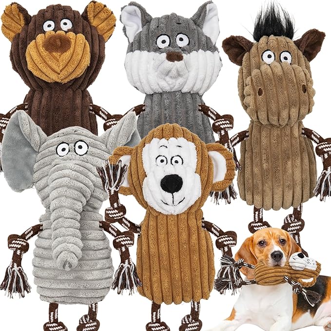 5 pack Large dog Squeaky Toys,Tough Stuffed Plush dog chew Toys Assortment ,Durable plush Animal dog Toys with Tug of War Rope to Keep Them Busy, Puppy Toys Value Bundle for Small Medium Large Dogs