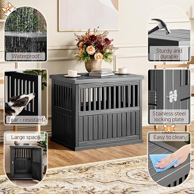 Fancyango 30-Inch Heavy Duty Dog Crate Furniture Lockable Indoor Outdoor Kennel & End Table for Small/Medium Dogs Decorative Plastic Pet Cage in Black