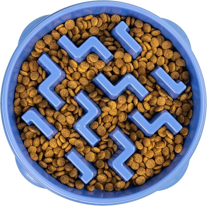Outward Hound Fun Feeder Slo Bowl – Large 4‑Cup Capacity, Slow Feeding, Medium to Large Dogs, Non‑Slip, Blue, Notch Pattern