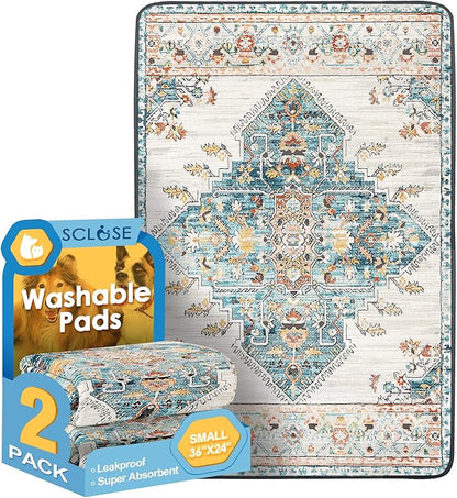 SCLOSE Washable Pee Pads for Dogs 2 Pack, 36" x 24" Reusable Puppy Pads Waterproof, Super Absorbent Dog Rugs, Leakproof, Dog Crate Pad, Playpen Mat, Whelping Pads, Blue Medallion