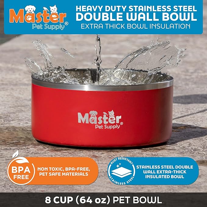 Master Pet Supply Stainless Steel Dog Bowls - 64 oz, Heavy Duty - Crimson Flame, Double Wall Extra-Thick Insulated, Non-Slip Pet Water Bowl for Dogs, Cats & Pets, Anti Rust Metal, Dish Washer Safe