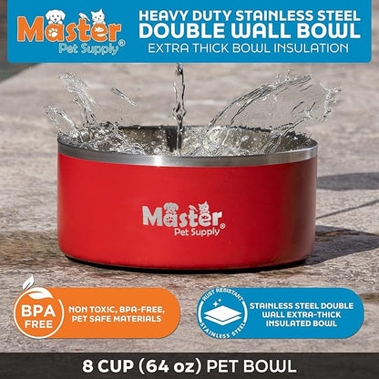 Master Pet Supply Stainless Steel Dog Bowls - 64 oz, Heavy Duty - Crimson Flame, Double Wall Extra-Thick Insulated, Non-Slip Pet Water Bowl for Dogs, Cats & Pets, Anti Rust Metal, Dish Washer Safe