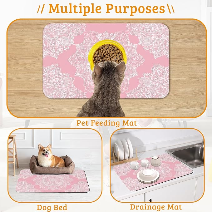 Pet Feeding Mat,Boho Mandala Absorbent Dog Cat Food Mat Pink Flower Dog Mat with Rubber Backing,Non-Slip Water Bowl Placemat,Pet Supplies 16" x 24"