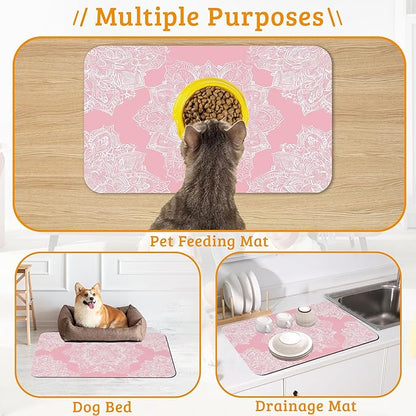 Pet Feeding Mat,Boho Mandala Absorbent Dog Cat Food Mat Pink Flower Dog Mat with Rubber Backing,Non-Slip Water Bowl Placemat,Pet Supplies 16" x 24"