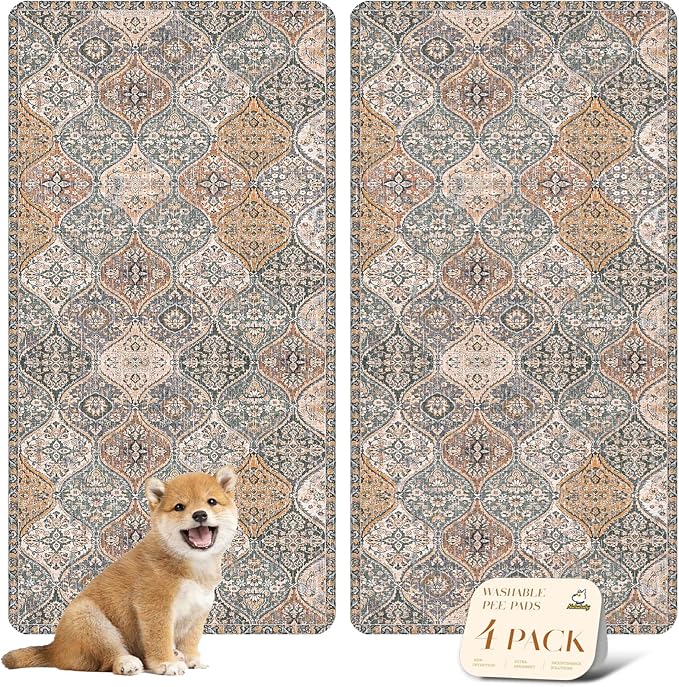 nunubaby 4PACK Washable Pee Pads for Dogs, Stylish, Non-Slip and Leak-Proof Pee Pads. Reusable Potty Pads for Dogs for Crates and Floors.(Brown/Multi, 24" x48" )