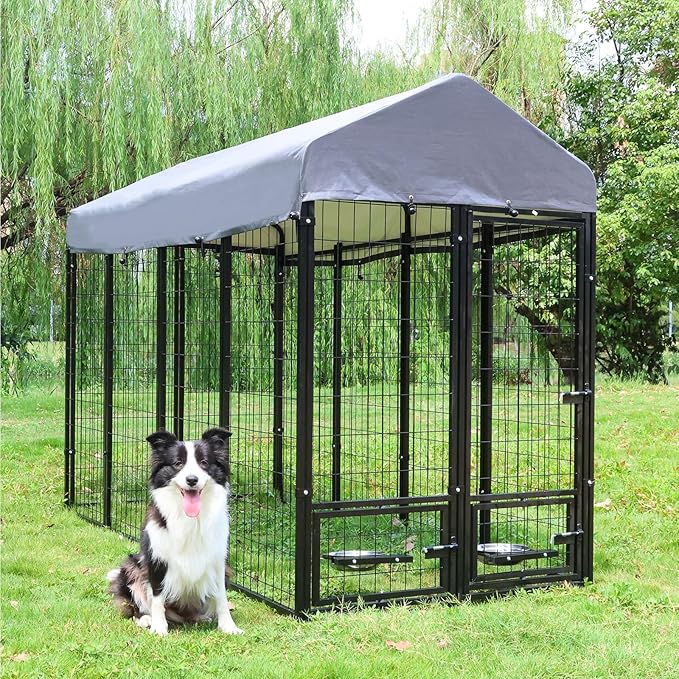Dog Kennel Outdoor 8 x4 x6 ft with Roof and Rotating Bowl Holders, Large Metal Dog Enclosure, Heavy Duty Dog House Built with Robust 4mm Diameter Wire (8'L x 4'W x 6'H)