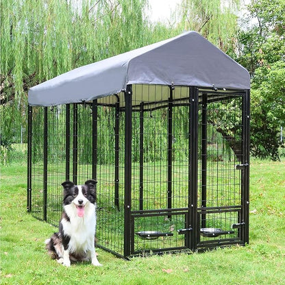 Dog Kennel Outdoor 8 x4 x6 ft with Roof and Rotating Bowl Holders, Large Metal Dog Enclosure, Heavy Duty Dog House Built with Robust 4mm Diameter Wire (8'L x 4'W x 6'H)