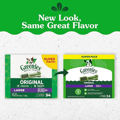Greenies Veterinarian-Recommended Adult Natural Dental Dog Treats Large Size, Dog Dental Chews, Original Flavor, 54 oz. Pack, 34 Count