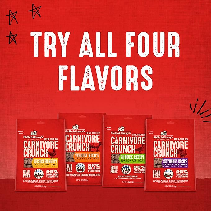 Stella & Chewy's Freeze-Dried Raw Dog Treats - Carnivore Crunch for Training - Natural Limited Ingredient, Grain-Free - Perfect for Picky Eaters - Grass-Fed Beef Recipe - 3.25 oz Bag
