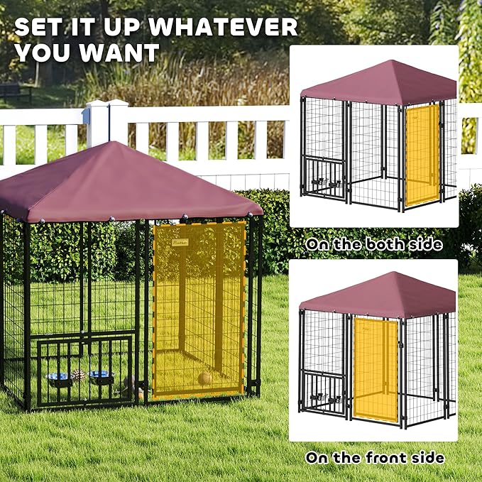 PawHut 4.6' x 4.6' x 5' Outdoor Dog Kennel, Welded Wire Dog Kennel Outside Run with 360° Rotating & 4 Level Adjustable Bowls, Waterproof & UV Resistant Cover, for S&M Breeds, Chickens, Ducks, Red