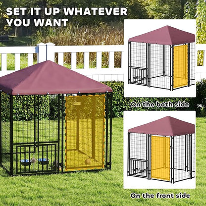 PawHut 4.6' x 4.6' x 5' Outdoor Dog Kennel, Welded Wire Dog Kennel Outside Run with 360° Rotating & 4 Level Adjustable Bowls, Waterproof & UV Resistant Cover, for S&M Breeds, Chickens, Ducks, Red