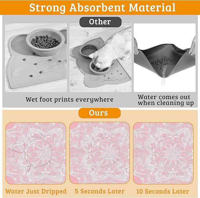 Pet Feeding Mat,Boho Mandala Absorbent Dog Cat Food Mat Pink Flower Dog Mat with Rubber Backing,Non-Slip Water Bowl Placemat,Pet Supplies 16" x 24"