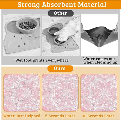 Pet Feeding Mat,Boho Mandala Absorbent Dog Cat Food Mat Pink Flower Dog Mat with Rubber Backing,Non-Slip Water Bowl Placemat,Pet Supplies 16" x 24"