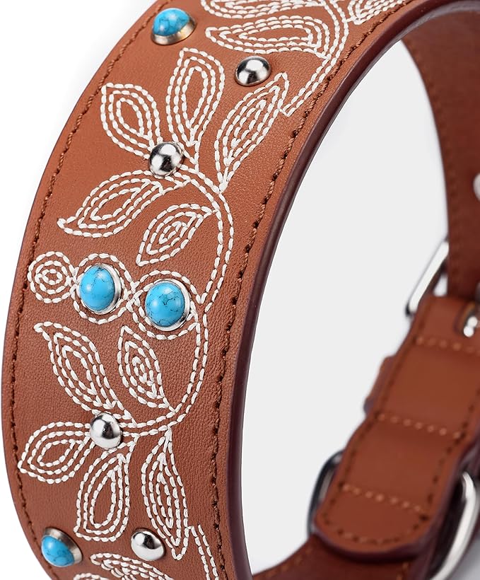 Blueberry Pet Western Dog Collar in Canyon Brown - 15-18 Inch Necks Floral-Embroidered Leather with Turquoise Studs, Dog Collars for Medium Dogs, Adjustable Leather Girl Dog Collar