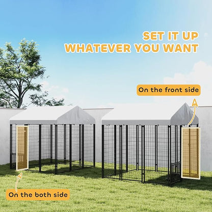 PawHut Outdoor Dog Kennel with Roof, 6' x 6' x 6' Heavy Duty Welded Wire Dog Playpen Enclosure with Escape-Proof Lock, Adjustable Bowls, UV-Resistant & Waterproof Cover, for S&M&L Breeds, Silver