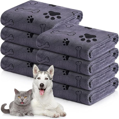 Chumia 8 Pcs Dog Towels for Drying Dogs Cats Pet Towels Bulk Puppy Microfiber Fast Drying Paw Bath Bathing Supplies Absorbent for Medium Pets(40 x 24 Inch,Dog Paw and Bone,Gray)