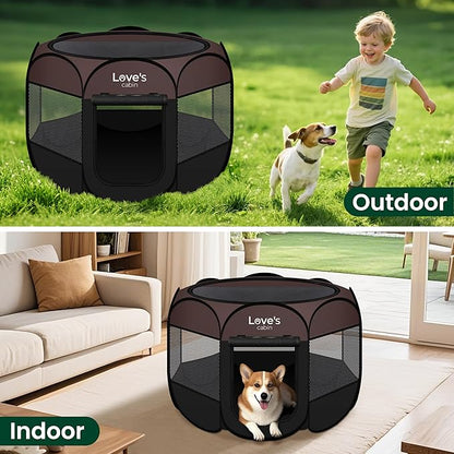 Love's cabin Pet Puppy Dog Playpen, Large Dog Tent Crates Cage Indoor/Outdoor, Portable Playpen for Cat, Foldable Pop Up Dog Kennel Playpen with Carring Case, Removable Zipper Top, Brown