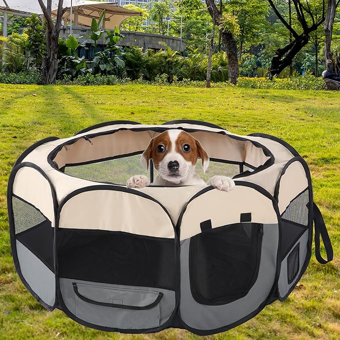 Pet Cat Playpen for Indoor Cats,Puppy Small Dog Cat Tent Crates Cage,Portable Pet Dog Playpen,29x29x16,Grey/Beige,1Pack