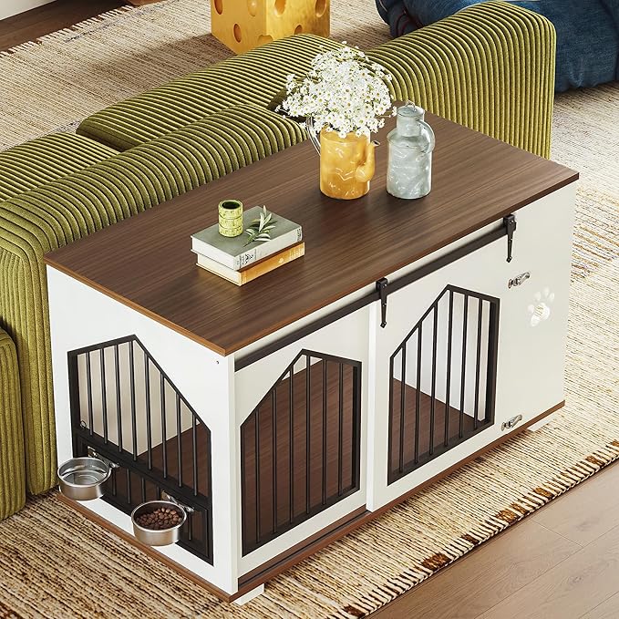 IRONCK Large Dog Crate Furniture with 2 Rotatable Dog Bowls, Wooden Dog Kennel with 2 Adjustable Shelves, Barn Doors Decorative Pet Cage Dog House as TV Stand, White