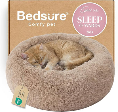 Bedsure Calming Cat Beds for Indoor Cats - Small Cat Bed Washable 20 inches, Anti-Slip Round Fluffy Plush Faux Fur Pet Bed, Fits up to 15 lbs Pets, Camel